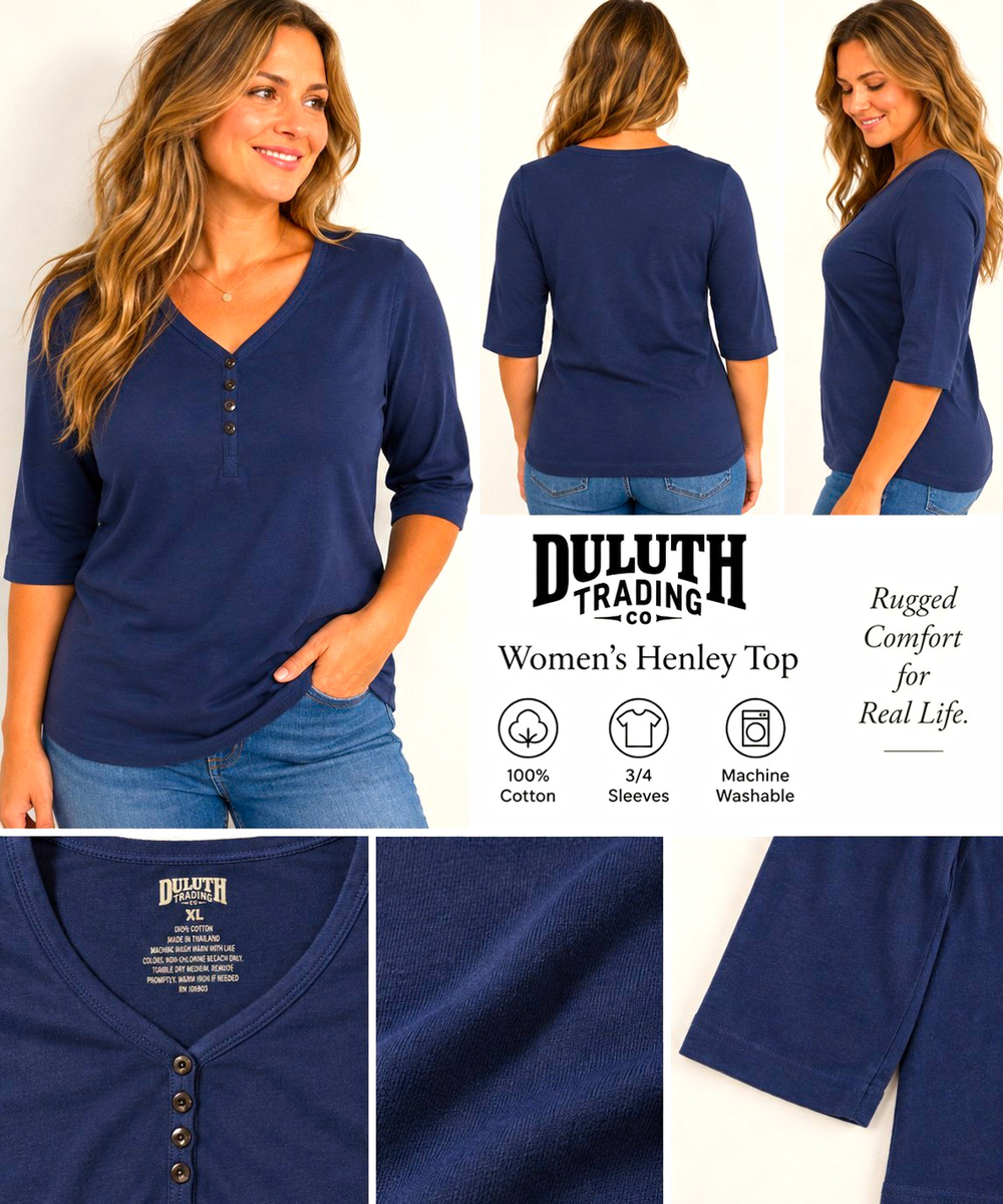 Duluth Trading Co Womens XL Navy Blue Henley Shirt 3/4 Sleeve 100% Cotton